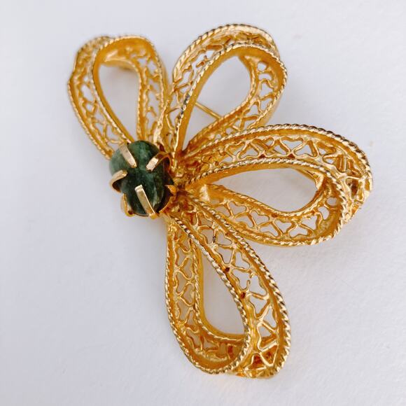 VTG Mid Century Bow Brooch Gold Filigree Green Cabochon Stone 1960s Jewelry - Picture 6 of 10